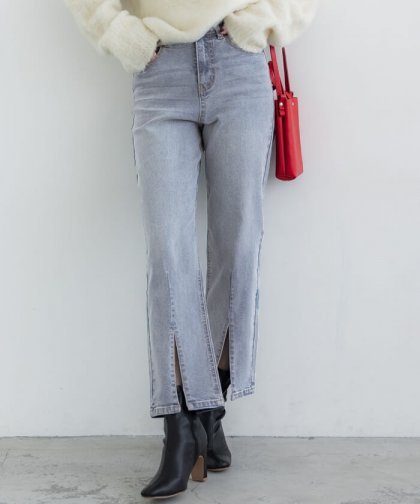 セール★3690円→2490円 デニムパンツ レディース ストレートパンツ スリット ハイウエスト デニム ジーンズ ポケット ロング丈 シンプル GC メール便不可 23aw coca コカ